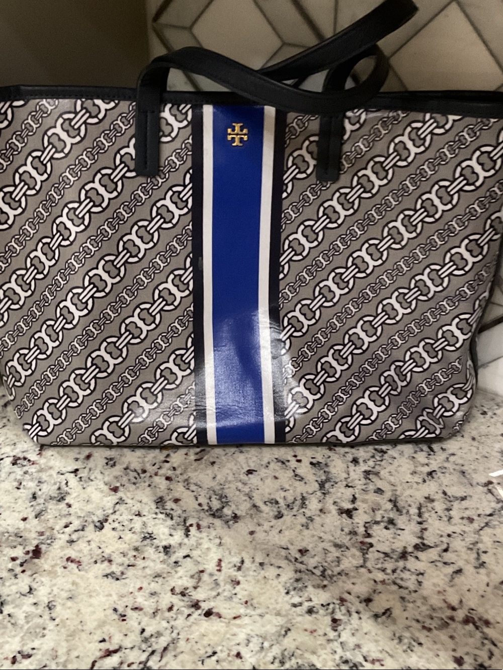 Tory Burch Blue and Black Stripe Monogram Tote